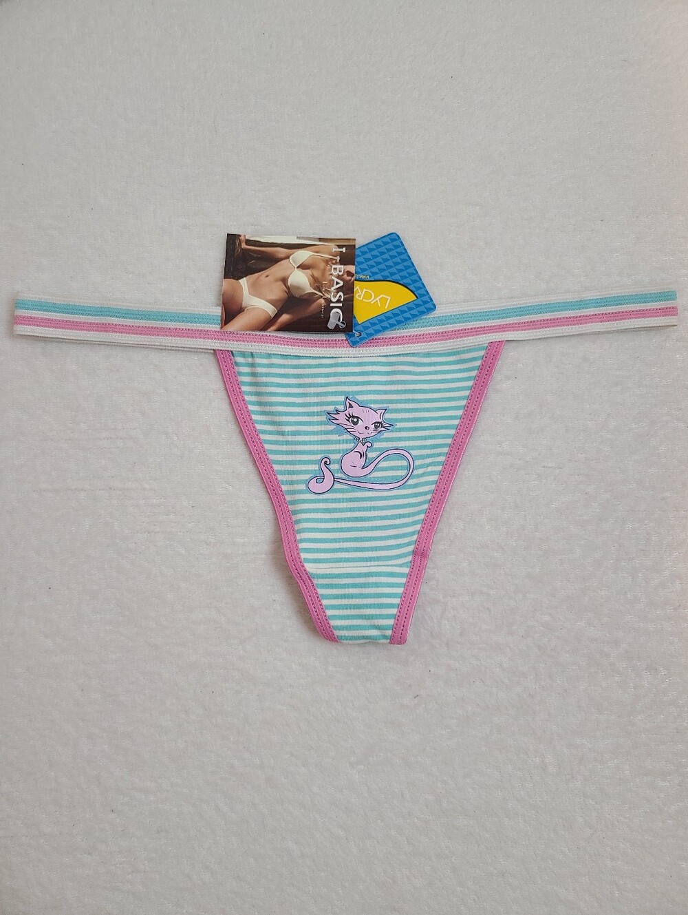 Y2K Vintage i-basic Kitty Cat Graphic Cotton V-string Thong Panty Size M
